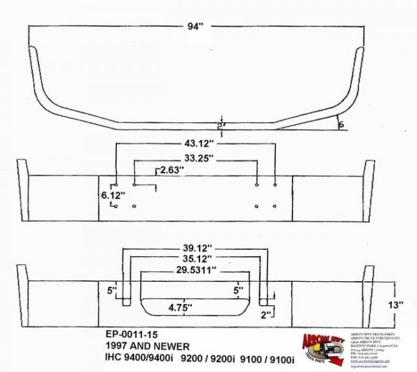 International 9400i, 9200i, & 9100i Bumper w/ No Body Line: Painted Steel fits 1997 & Newer, Redesign