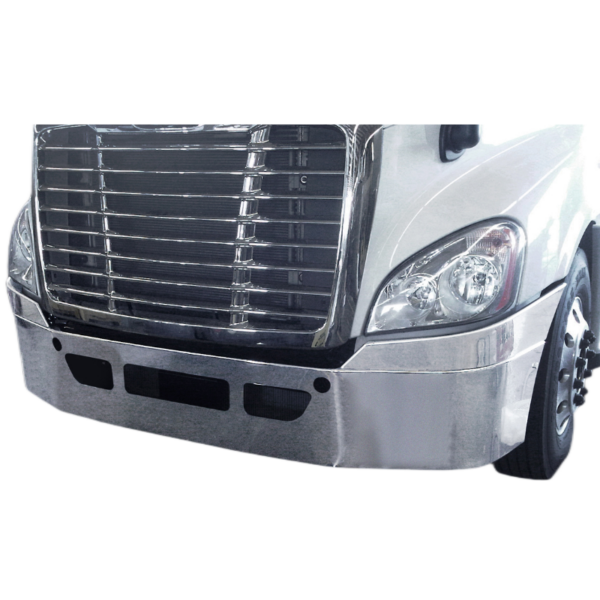 FREIGHTLINER CASCADIA CHROME BUMPER - HEIGHT: 16" / CUTOUTS: OEM FOG, TOW, VENT. EXTENSION WINGS INCLUDED. BRACKETS INCLUDED.